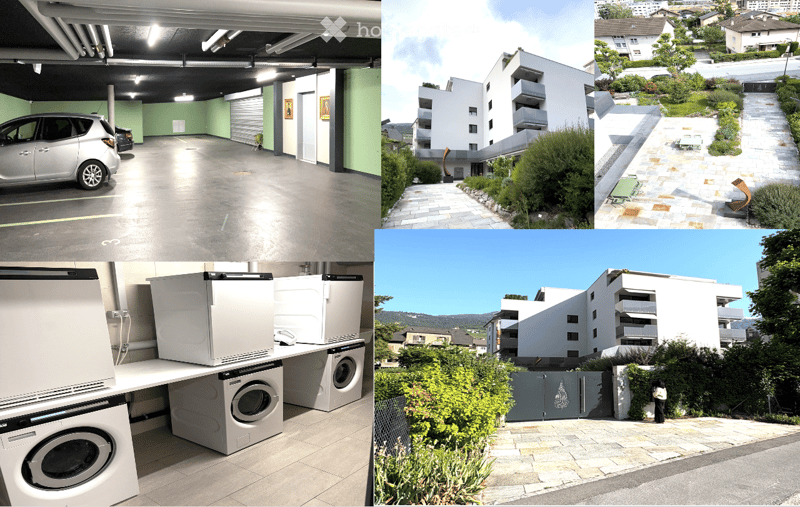Collage of images showing a multi-level parking garage, modern apartment building exterior, outdoor seating area with a swimming pool, and a laundry room with washing machines and dryers.