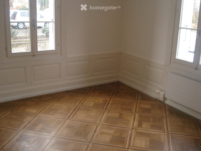 Empty room with wooden parquet flooring and white walls, featuring large windows and radiators.