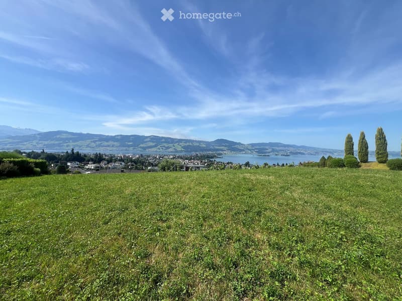 hilltop with grass and view of town and lake