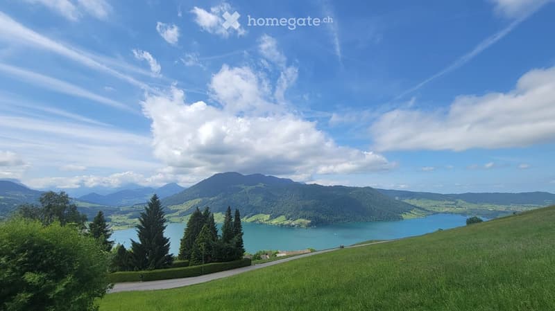A scenic outdoor view featuring a lake surrounded by lush green hills and mountains under a partly cloudy sky. The foreground shows a grassy slope with a winding road leading towards the lake.