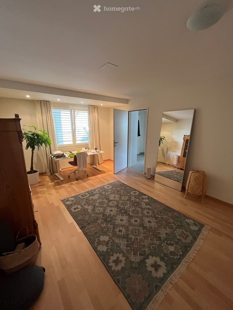 A well-lit room with wooden flooring, a large patterned rug, a desk with a chair, a potted plant, and a large mirror on the wall.
