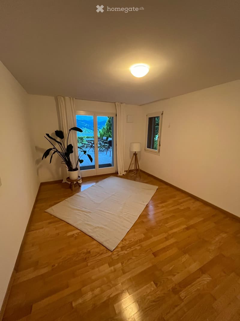 Empty room with wooden flooring, large sliding glass doors leading to a patio, a small table with a plant, and a floor lamp near the window.