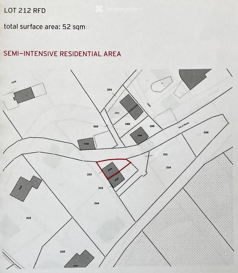 Floor plan of a residential area showing lot 212 RFD with a total surface area of 52 sqm, located in a semi-intensive residential zone.