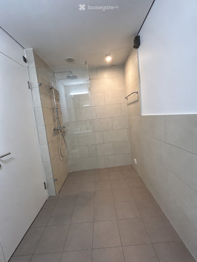Modern bathroom with tiled walls and floor, glass-enclosed shower area, and built-in towel rack.