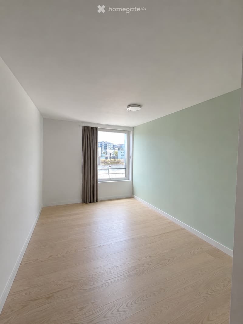Empty room with wooden flooring, white walls, and a large window with a curtain. The room has a modern, minimalist design with a single ceiling light fixture.