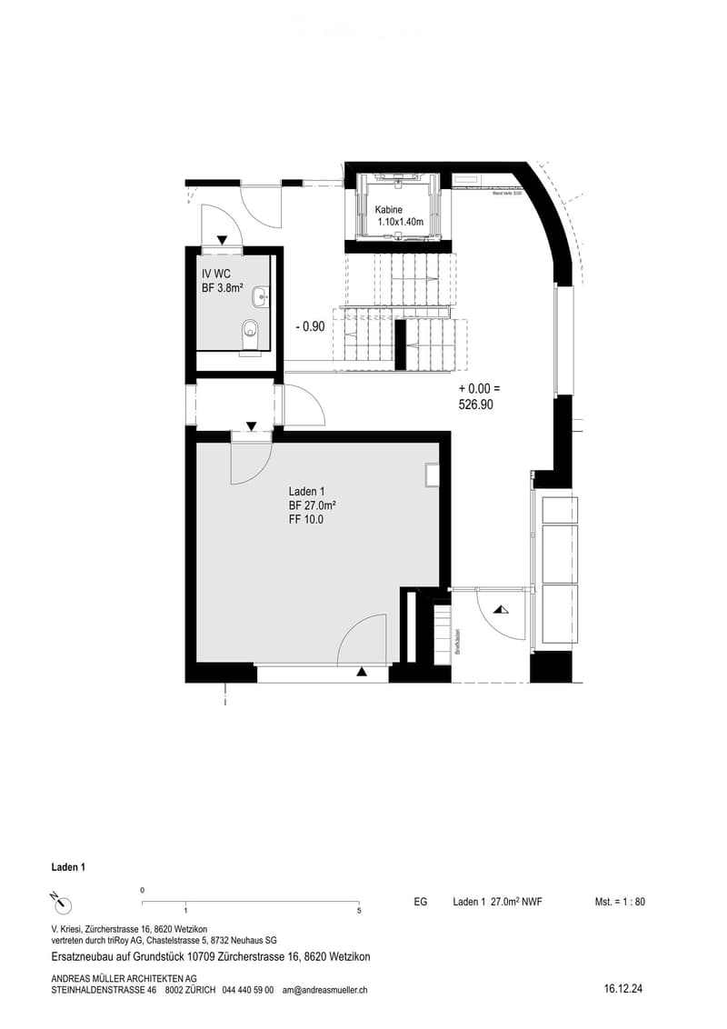 Floor plan of Laden 1, including a WC, a small cabin, and a main space with dimensions and floor levels indicated.