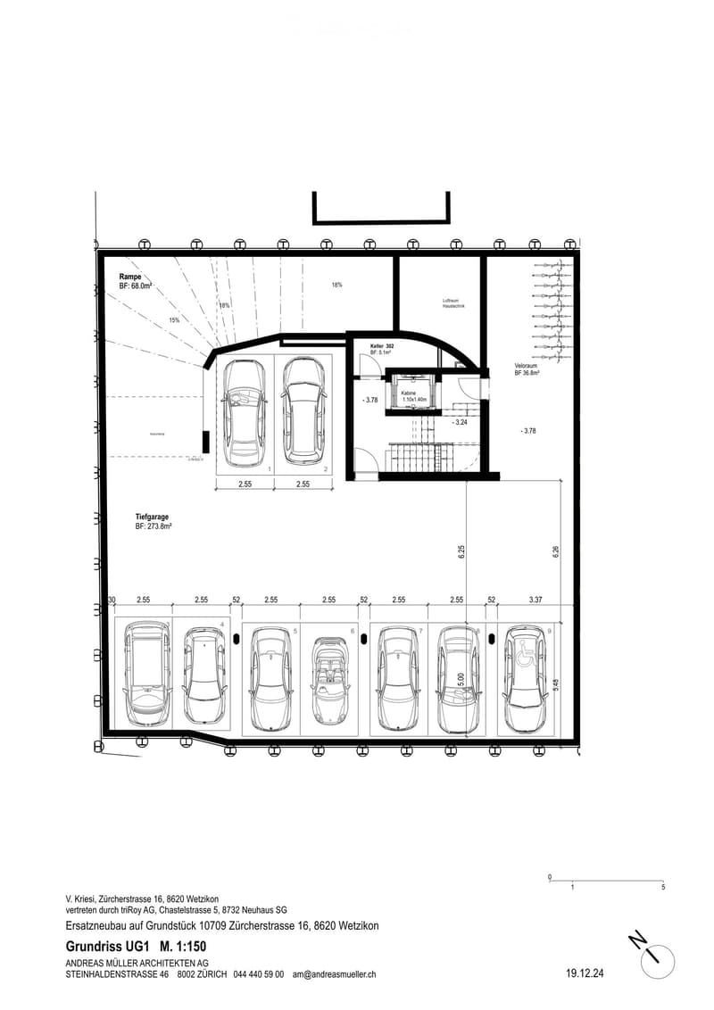Underground level floor plan showing a ramp, deep garage, cellar, technical room, and bicycle storage area.