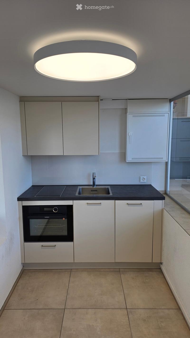 Modern kitchen with white cabinets, a built-in oven, a sink with a modern faucet, and a sleek light fixture above the counter.