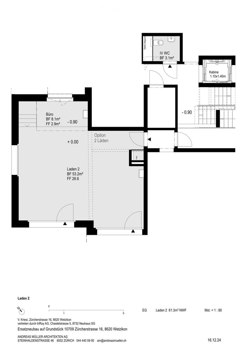 Floor plan showing a commercial space with two shops, a WC, and a small office area. Includes dimensions and floor levels.
