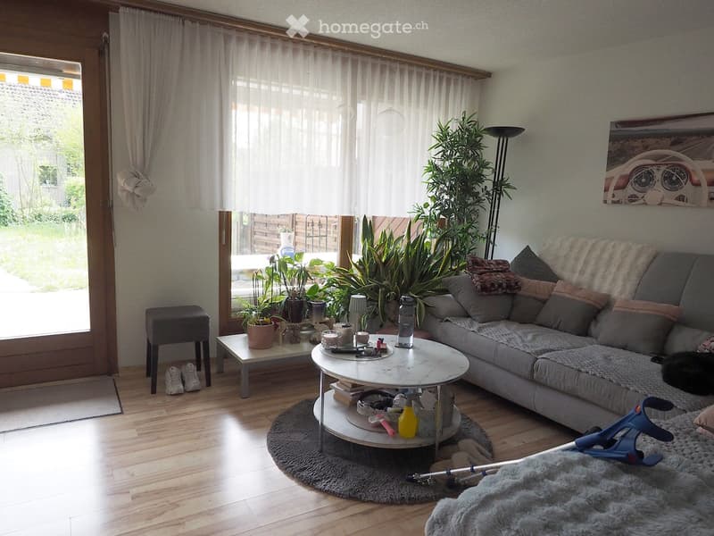 Bright living room with wooden flooring, large window with sheer curtains, grey sofa with multiple cushions, round coffee table with various items, small table with potted plants, floor lamp, and a picture frame on the wall.