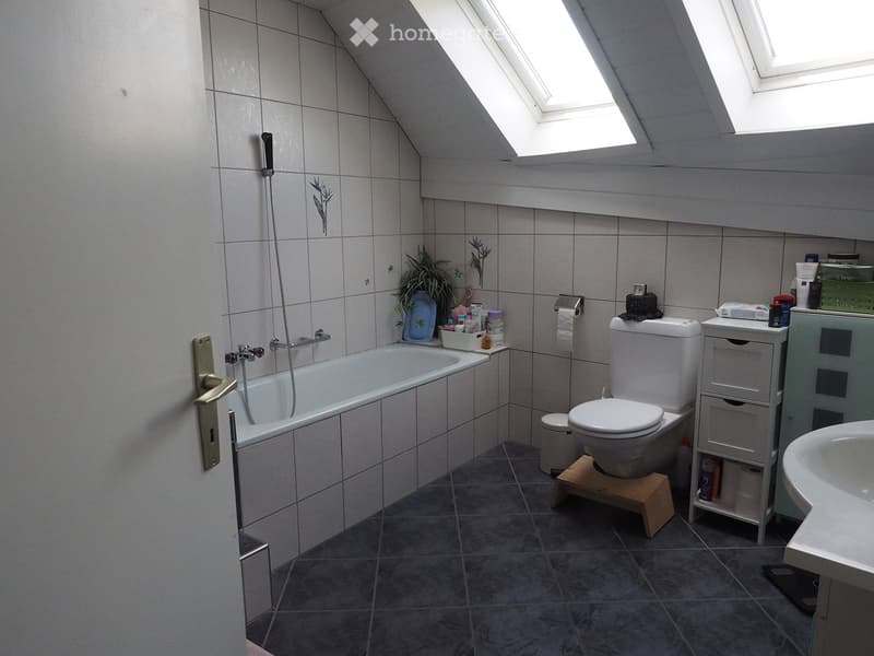Bathroom with a bathtub, toilet, sink, and cabinet. Features a skylight window, tiled walls, and a small plant on the windowsill.