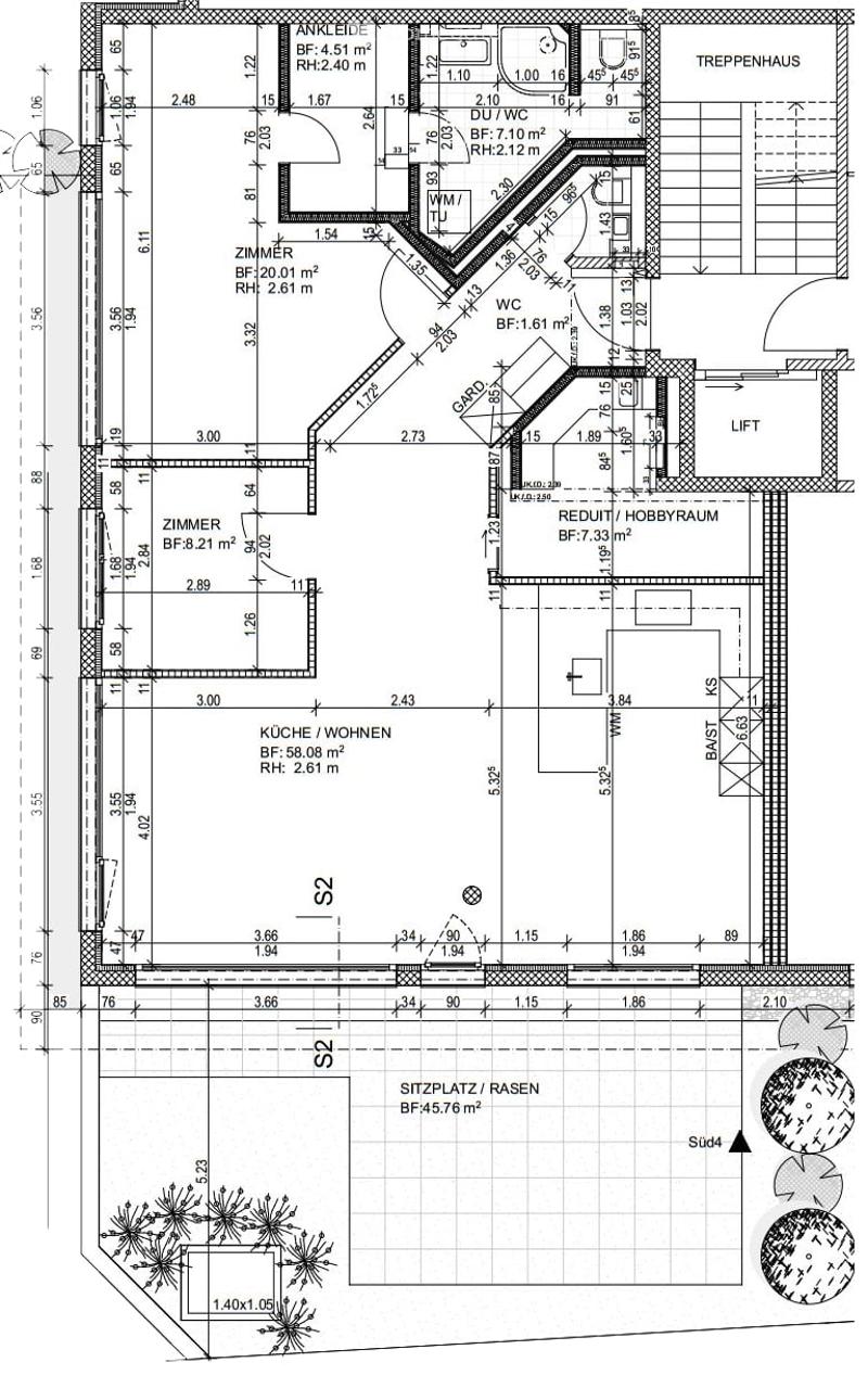 Floor plan of a multi-room residential space including living area, kitchen, bedrooms, bathrooms, hallway, staircase, and outdoor seating area.