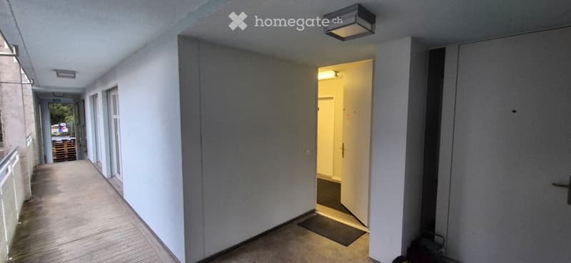Empty hallway with white walls, wooden floor, ceiling lights, open door, and a rug