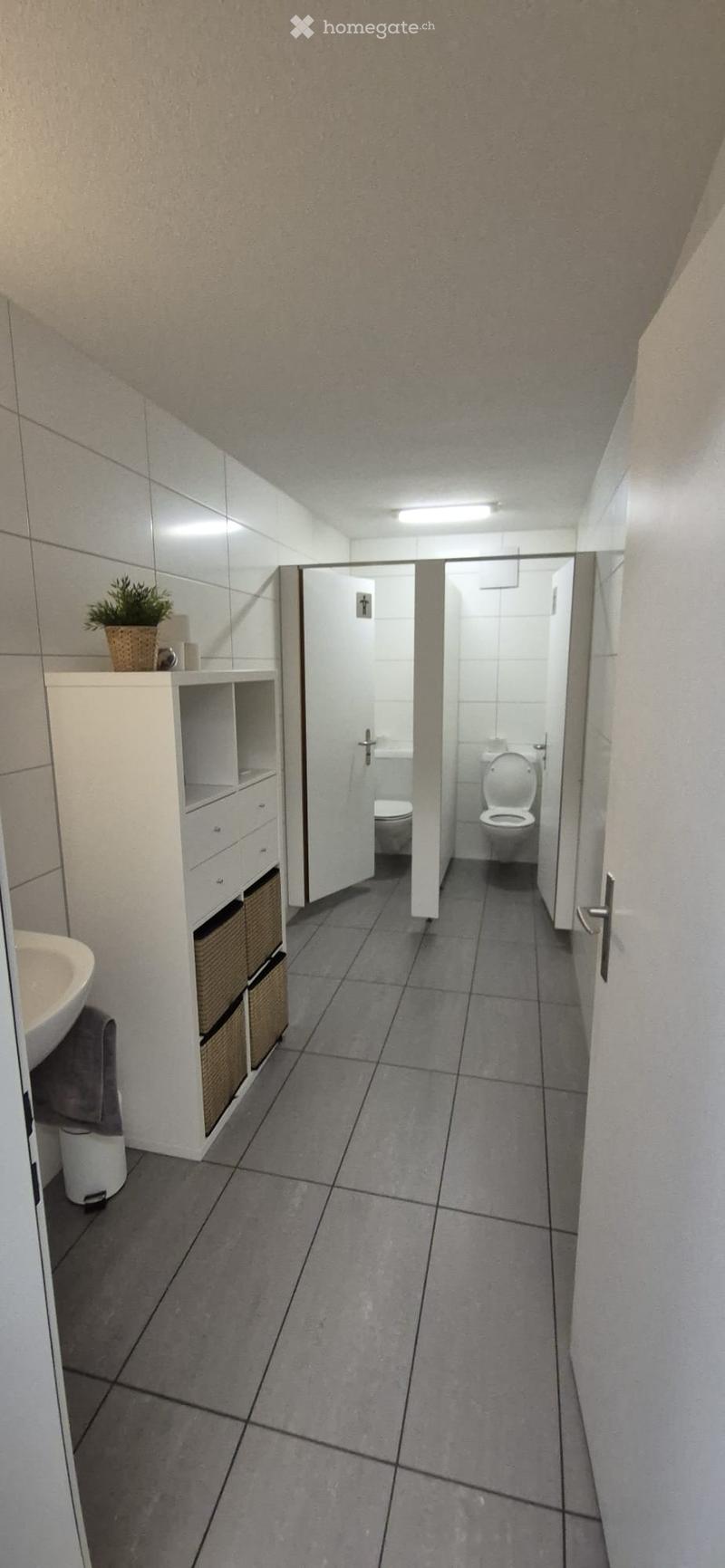 Bathroom with white tiles, white sink, white toilet, white storage cabinet, white trash bin, white towel, white plant