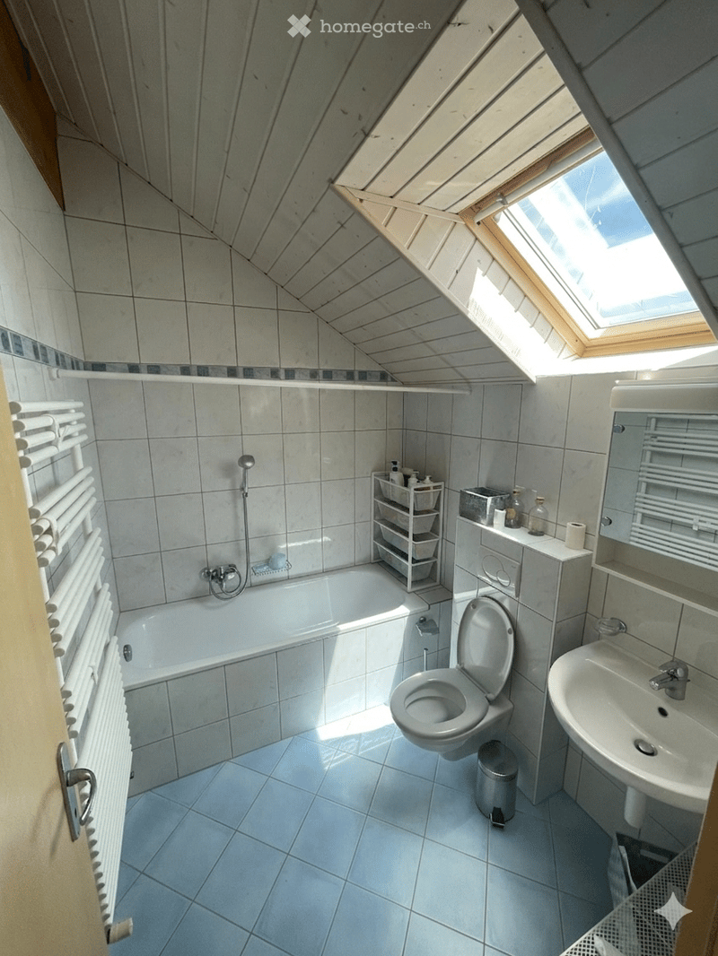 Bright attic bathroom with a slanted wooden ceiling and skylight, featuring a bathtub, toilet, sink, radiator, and storage shelf.