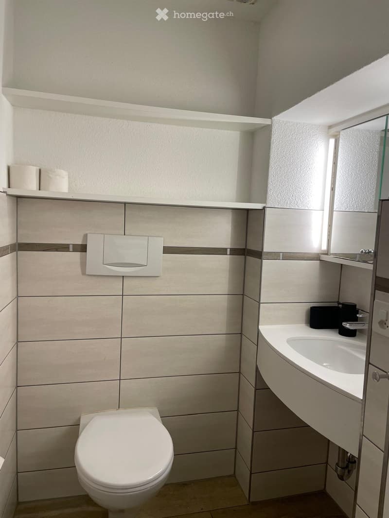 Modern bathroom with beige tiled walls, a toilet, a sink with a mirror, and a shelf holding toilet paper and a cup.