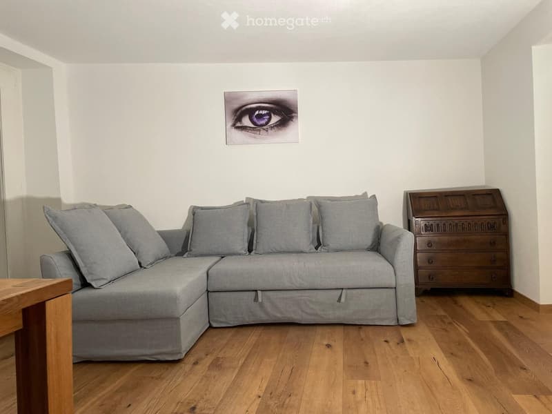 A modern living room with a grey sectional sofa, wooden table, and a wooden cabinet. The room features light wooden flooring and a large eye artwork on the wall.