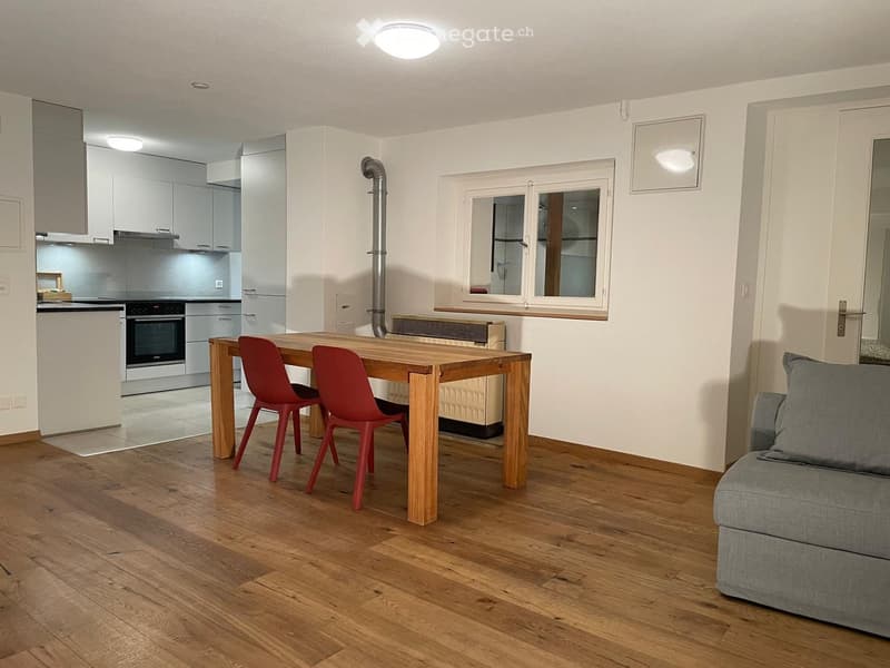 Modern open-plan living and dining area with wooden flooring, grey sofa, wooden dining table with red chairs, and a sleek kitchen area with white cabinets and stainless steel appliances.