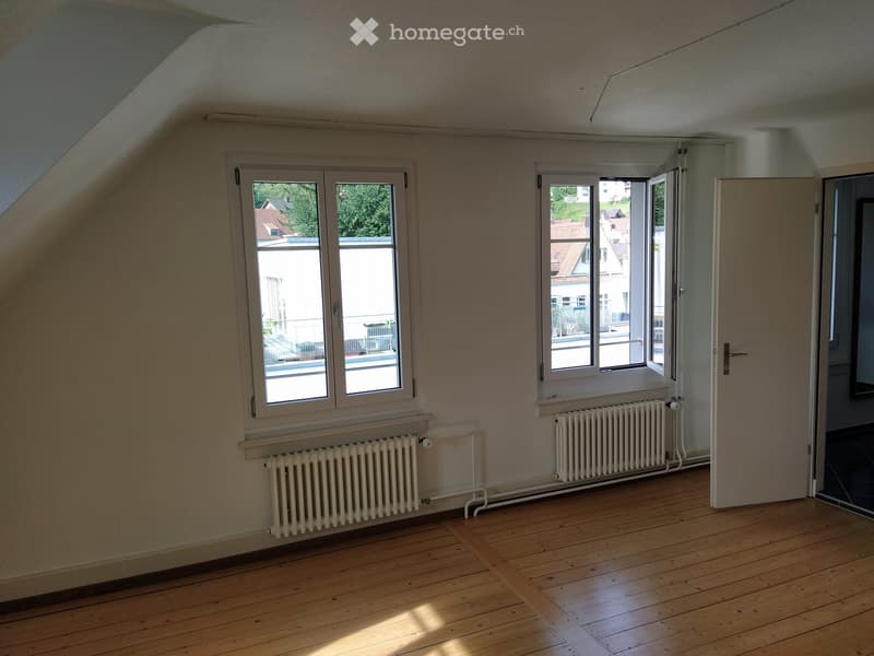 Empty attic room with wooden flooring, white walls, two windows, and radiators beneath them.