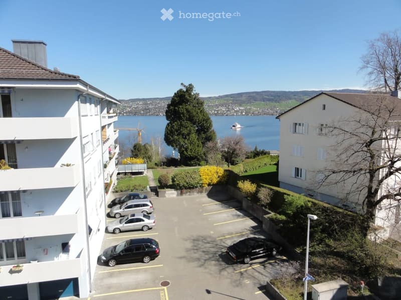Aerial view of a multi-story residential building with a parking lot, overlooking a lake and distant mountains.