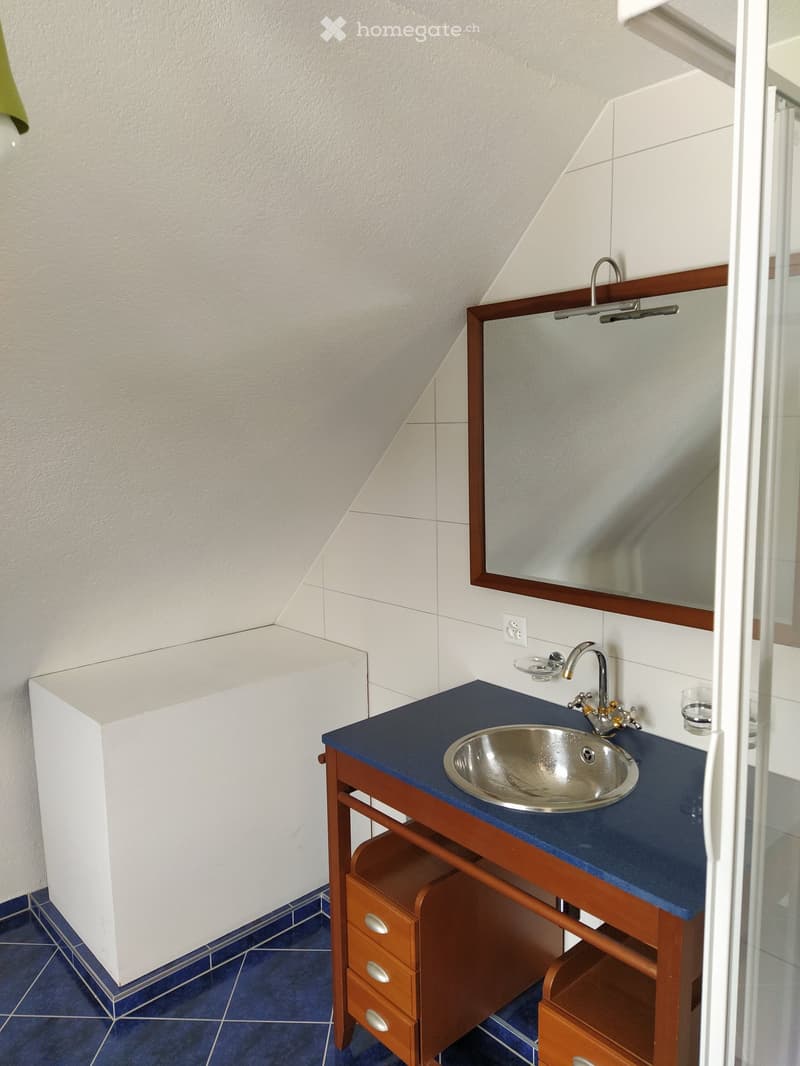 Modern bathroom with a blue countertop, silver sink, wooden cabinet, and large mirror. The walls are white with a slanted ceiling, and the floor is blue tiled.