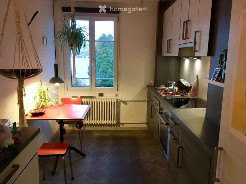 Bright kitchen with modern cabinets, stainless steel appliances, a dining table with red chairs, and a view of greenery through large windows.