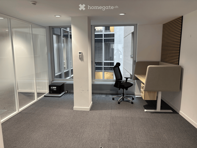 Modern office space with grey carpet, large windows, ergonomic chair, standing desk, and a screen partition.