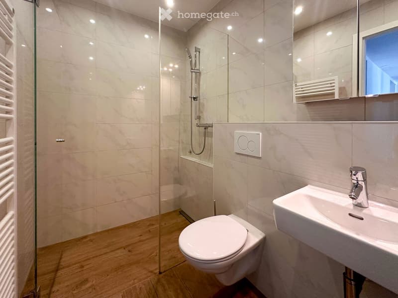 Modern bathroom with white tiles, wooden flooring, a toilet, a sink with a modern faucet, a glass-enclosed shower, and a mirror above the sink.