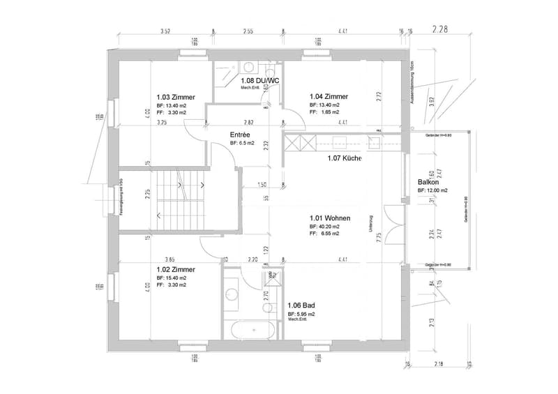 Floor plan of a residential unit featuring a living room, kitchen, two bedrooms, a bathroom, and a balcony.