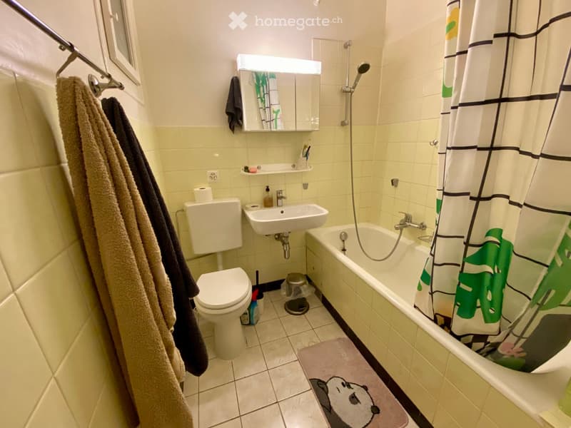 Bathroom with a toilet, sink, bathtub, mirror, and towels. Features a shower curtain with a leaf design and a panda-themed bathmat.