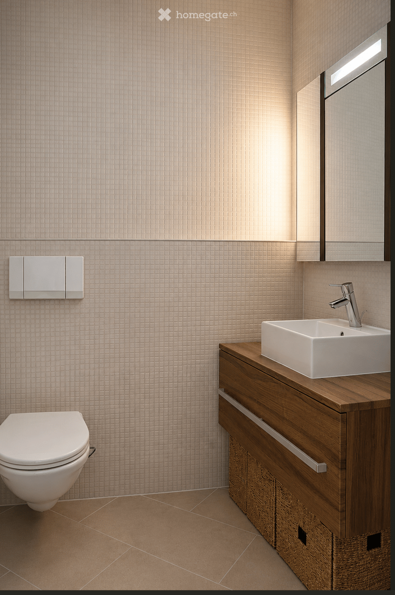 Modern bathroom with beige tiled walls, a white toilet, a wooden vanity with a sink and faucet, and a large mirror with built-in lighting.