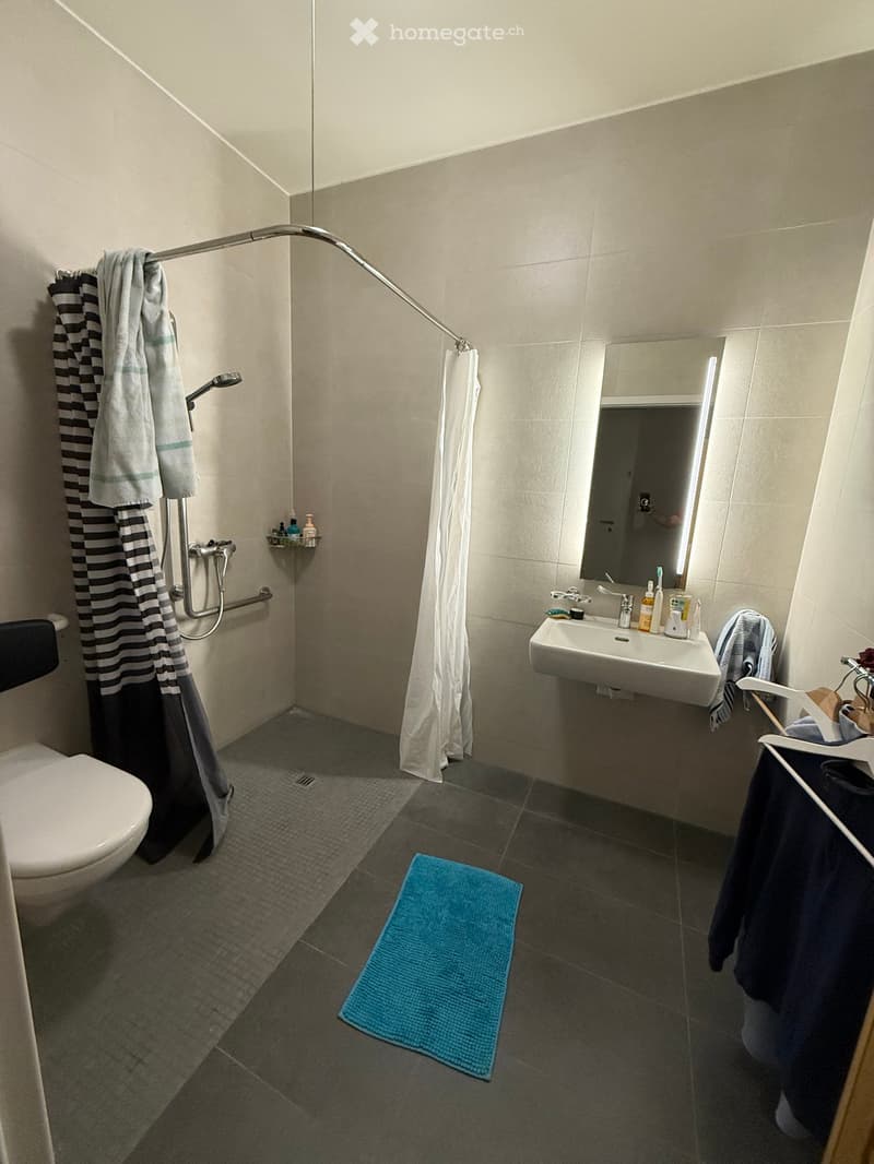 Modern bathroom with a toilet, sink, mirror, shower curtain, and towels. Features a blue bath mat on the floor and a shelf with toiletries.