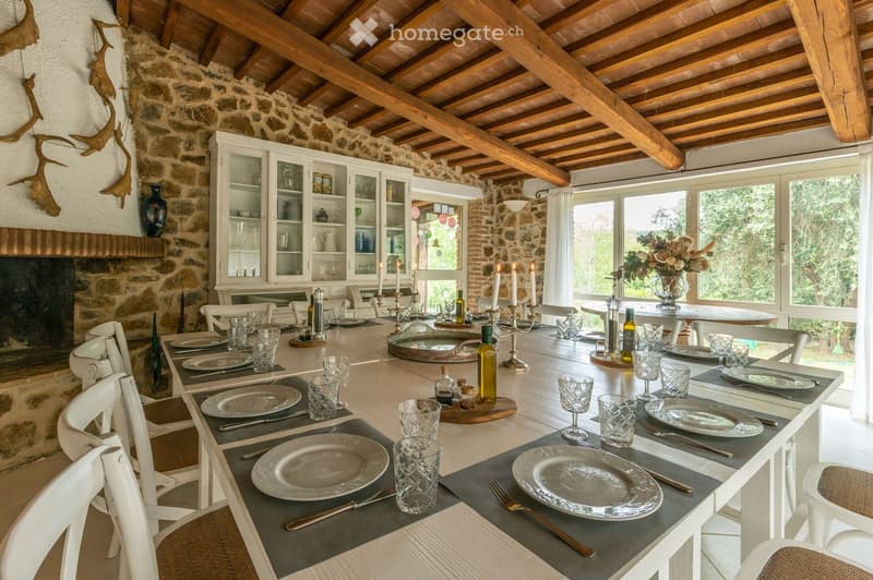 Dining room with a long wooden table set for a meal, surrounded by white chairs. Features a stone fireplace, exposed wooden beams, and a large cabinet with glass doors. The room is well-lit with large windows and has a rustic, elegant ambiance.