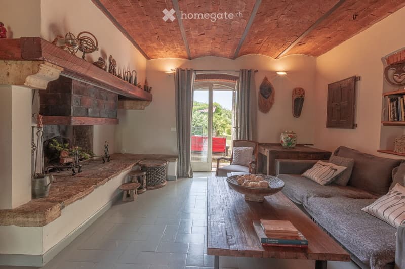 Cozy living room with exposed wooden beams, a stone fireplace, a sofa, coffee table, and decorative items. Large windows and a view of the garden.