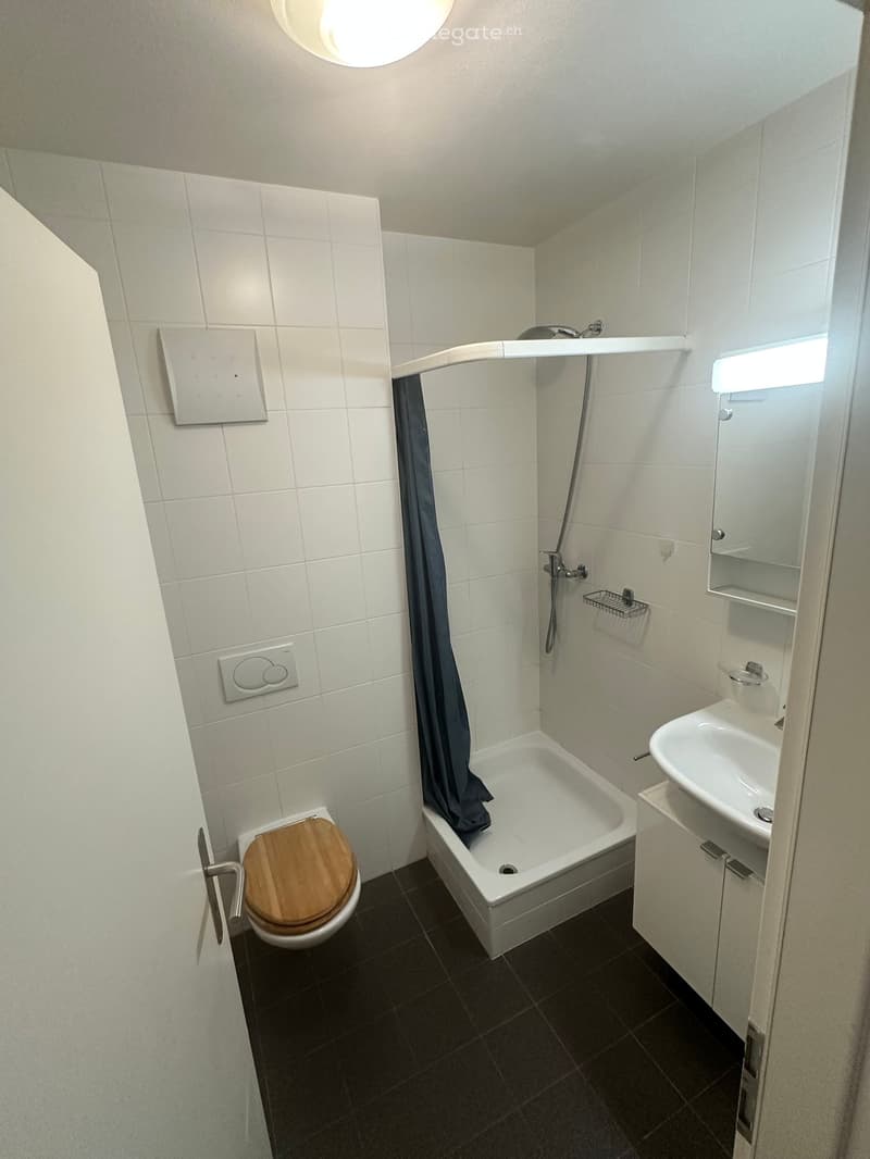 Modern bathroom with white tiled walls, dark tiled floor, a wooden toilet seat, a bathtub with a shower curtain, a sink with a mirror, and a shower rack.