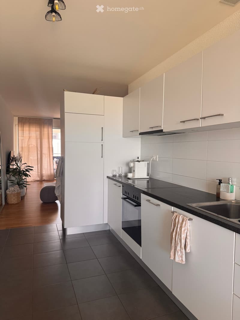 Modern kitchen with white cabinets, black countertops, and stainless steel appliances including an oven, sink, and coffee maker. Features a hanging light fixture and a small plant in the adjacent living area.