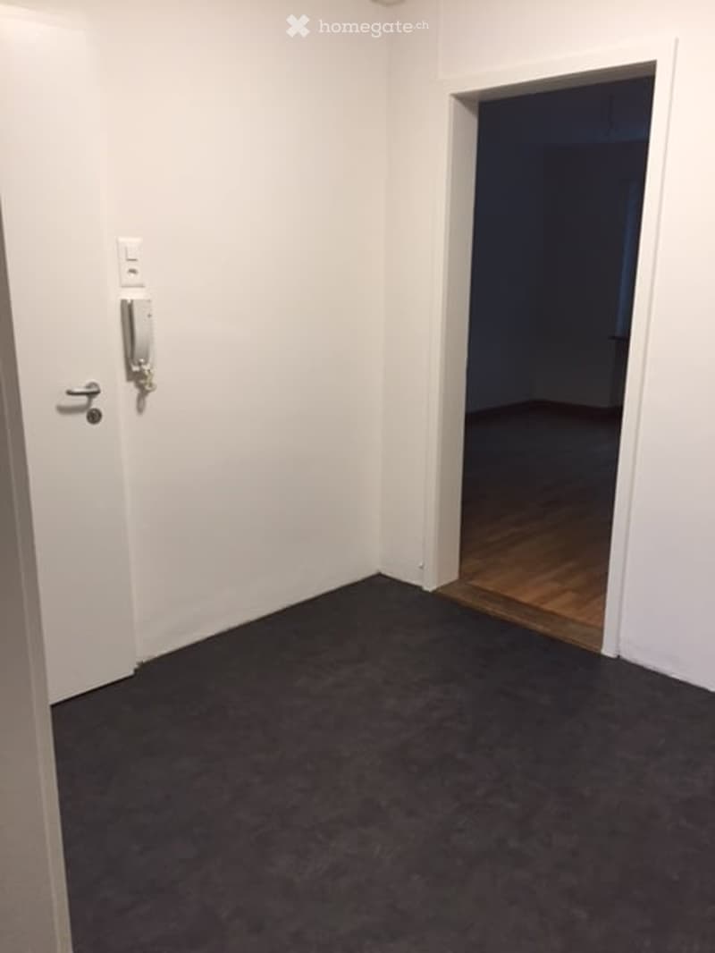 Empty room with white walls, wooden flooring, white door with phone
