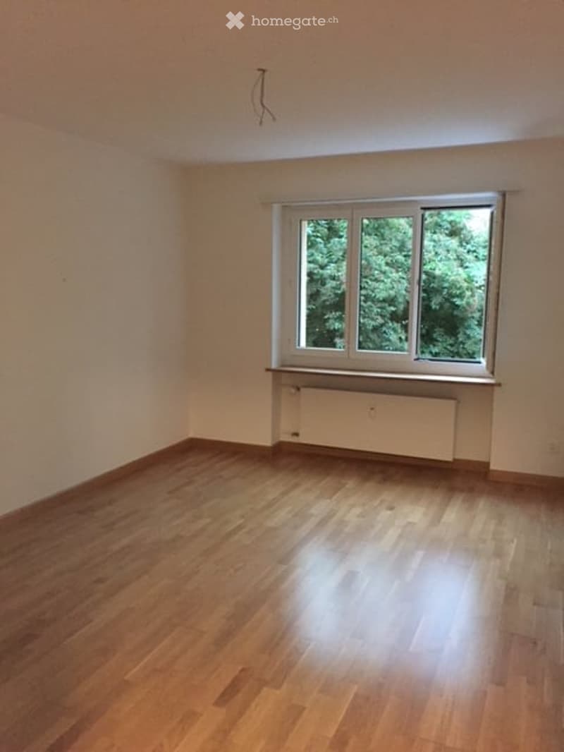 Empty room with wooden floor, white walls, radiator, large window