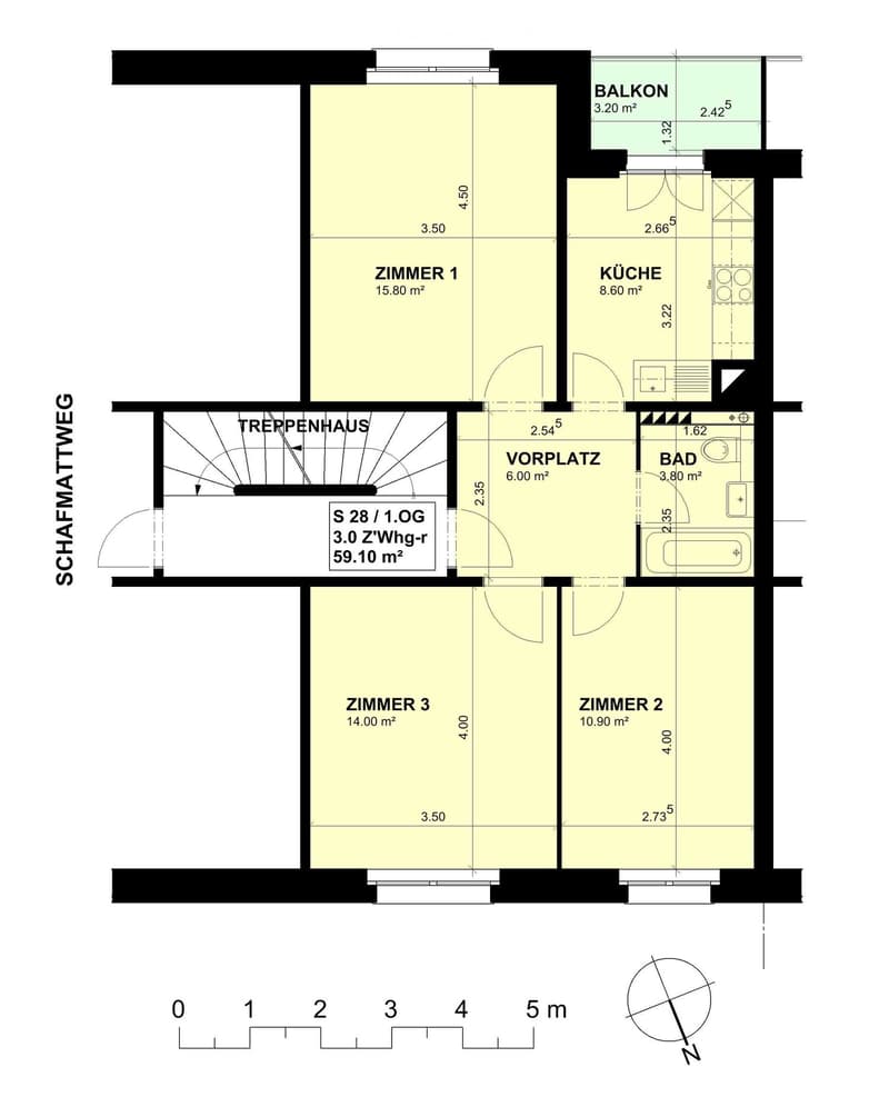 Balcony, 3 bedrooms, kitchen, entrance area, bathroom