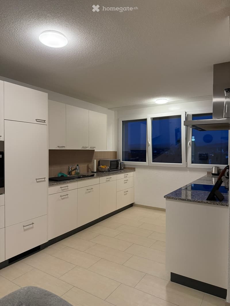 Modern kitchen with white cabinets, granite countertops, and stainless steel appliances. Features a large window with a city view and built-in lighting.