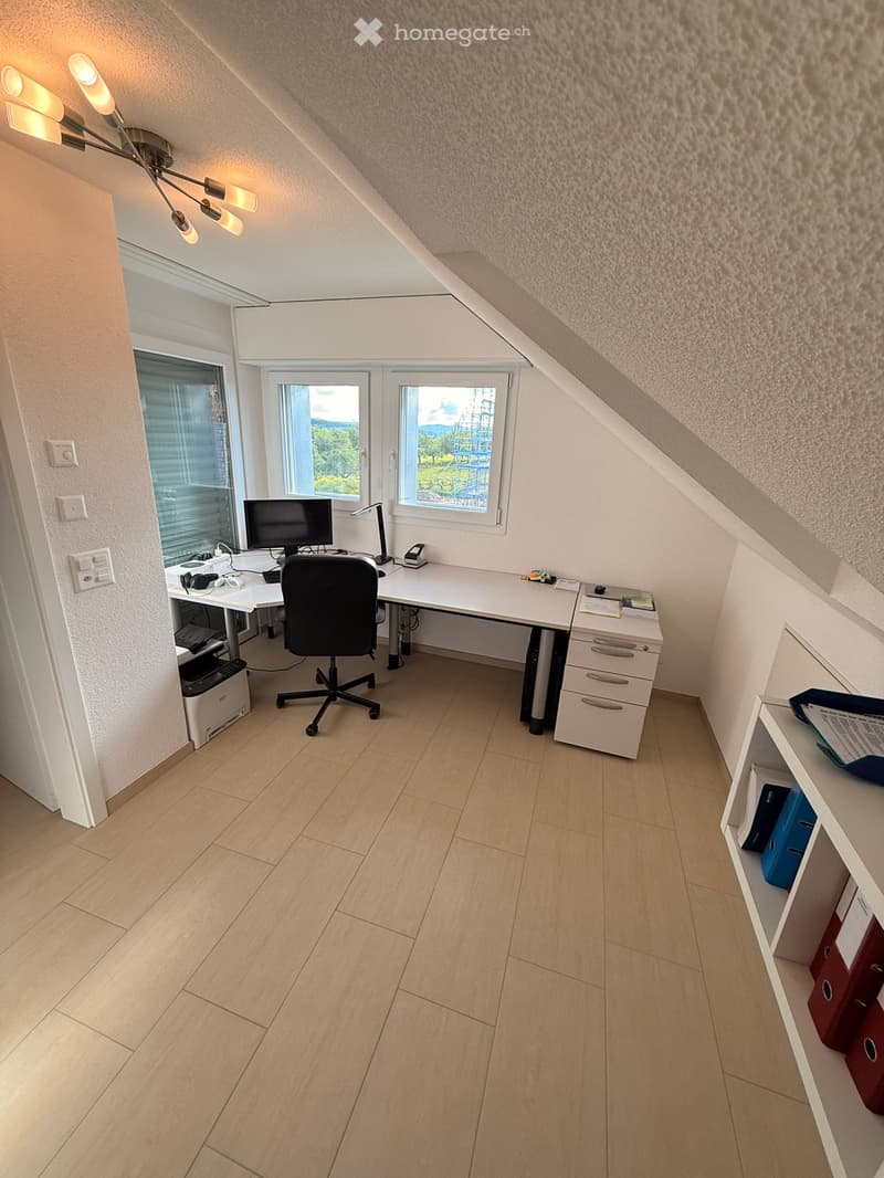 Bright, modern office space with wooden flooring, large windows, a desk with a computer, chair, printer, and storage cabinet.