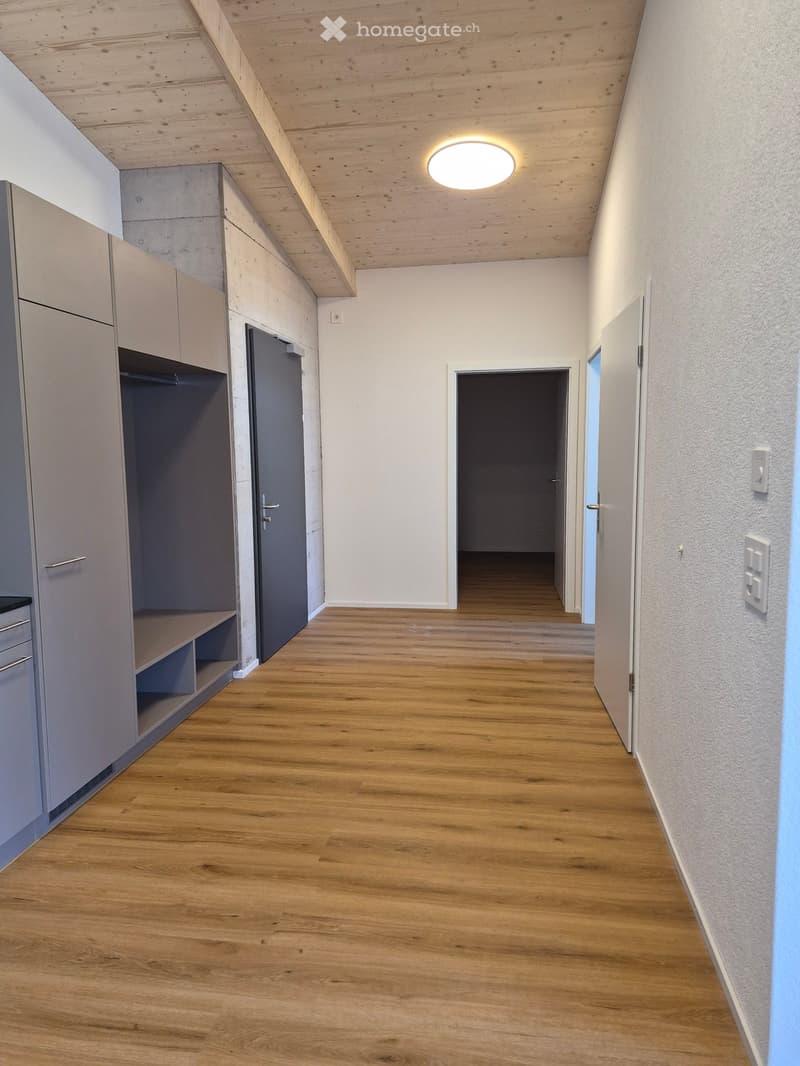 Empty hallway with wooden flooring, white walls, and modern built-in storage unit on the left side.