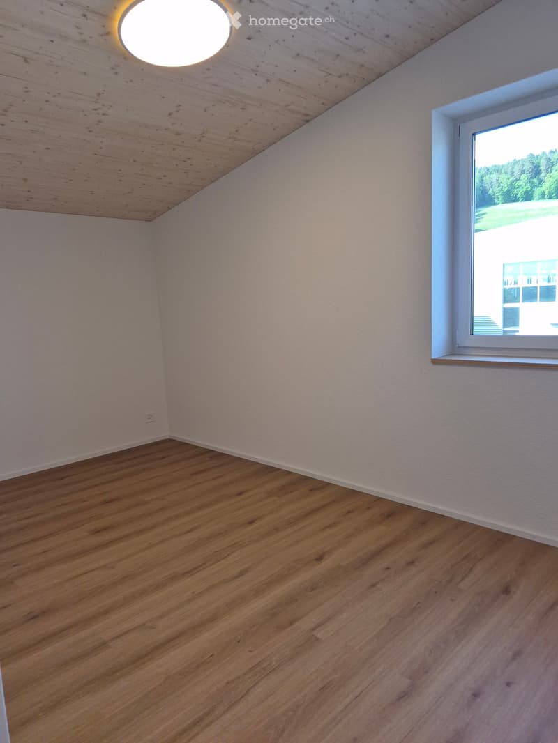 Empty room with wooden flooring, white walls, and a large window with a view of greenery outside. A round ceiling light fixture is mounted on the wooden ceiling.
