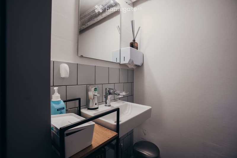 Bathroom: white sink, mirror, soap dispenser, trash bin, wooden shelf, hand towel holder