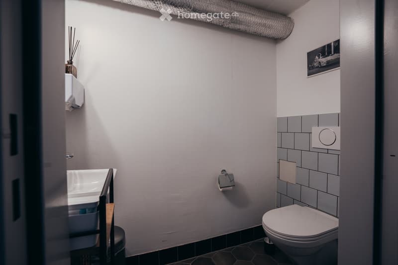 white painted walls, hexagonal floor tiles, white sink, white toilet