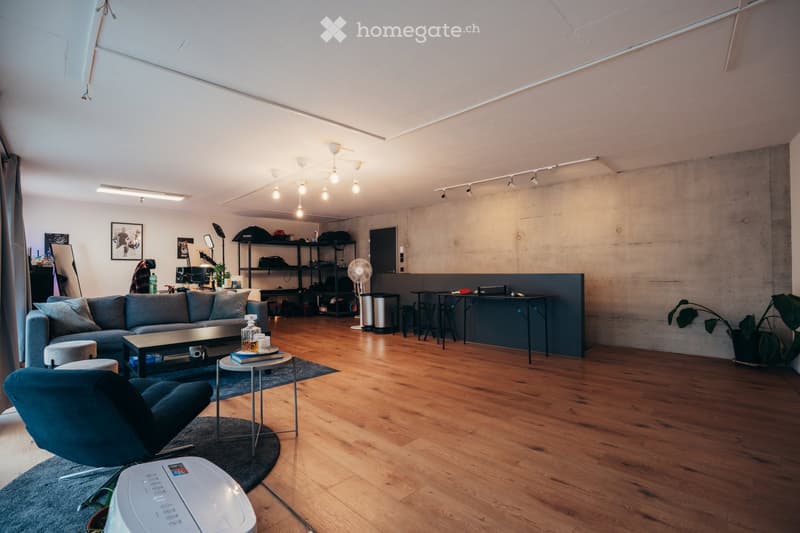 open space with hardwood floors, modern decor, couch, coffee table, side tables, chair, and plants