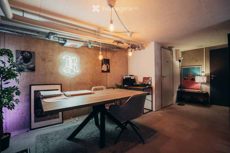 Desk, office chair, table, neon sign, pictures, rug, carpet, potted plant, lights, office equipment, door