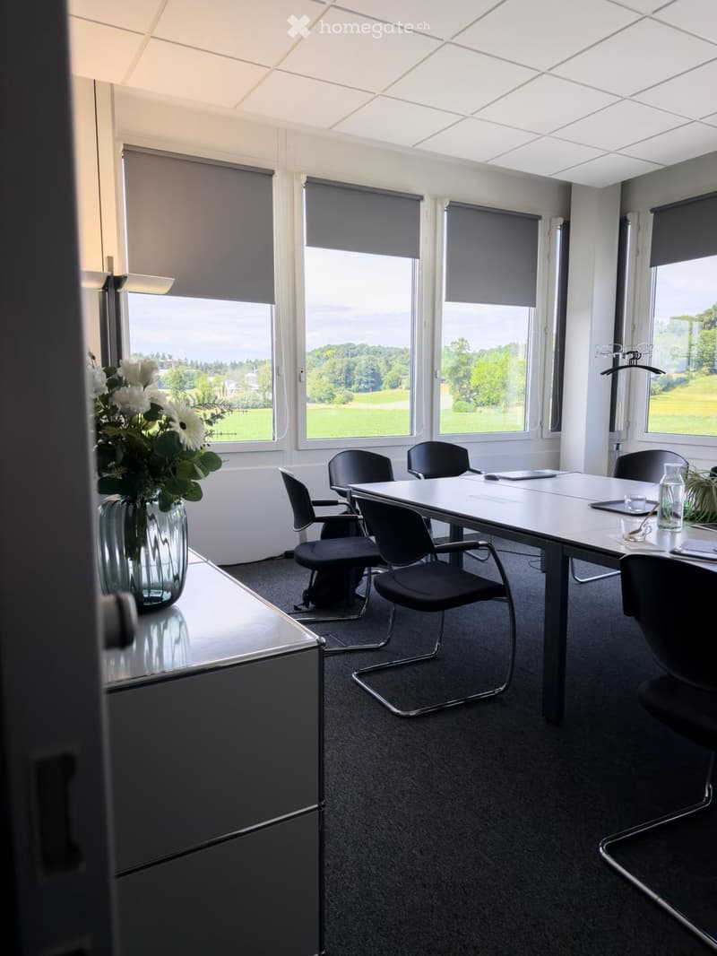 Bright conference room with large windows, black chairs, a long white table, a vase with white flowers, and a laptop on the table.
