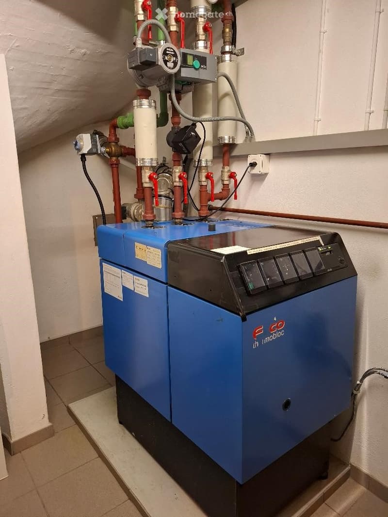 Blue and black boiler with multiple pipes and valves, mounted on the wall