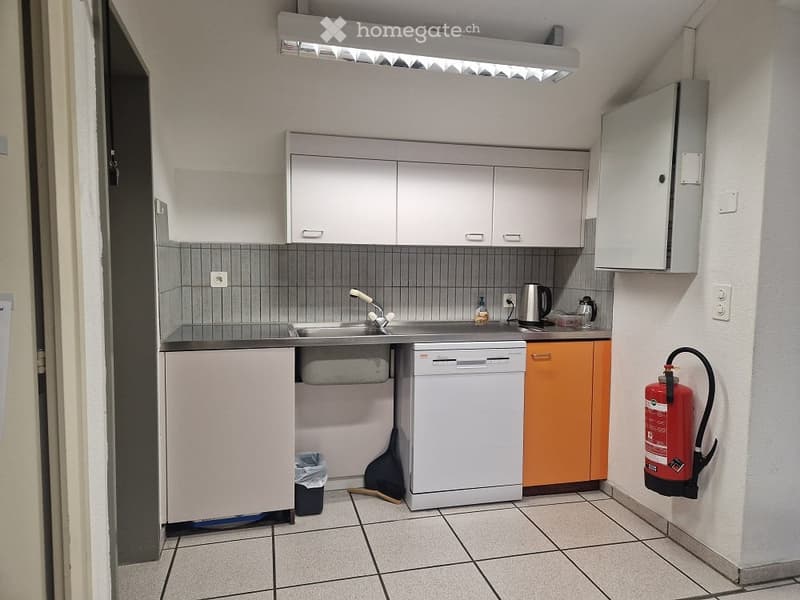 Modern kitchen with white cabinets, a stainless steel sink, a dishwasher, and a fire extinguisher mounted on the wall.